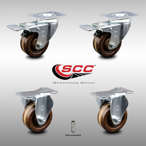 3 Inch SS High Temp Phenolic Top Plate Caster Lock Brake 2 Rigid SCC, 2PK